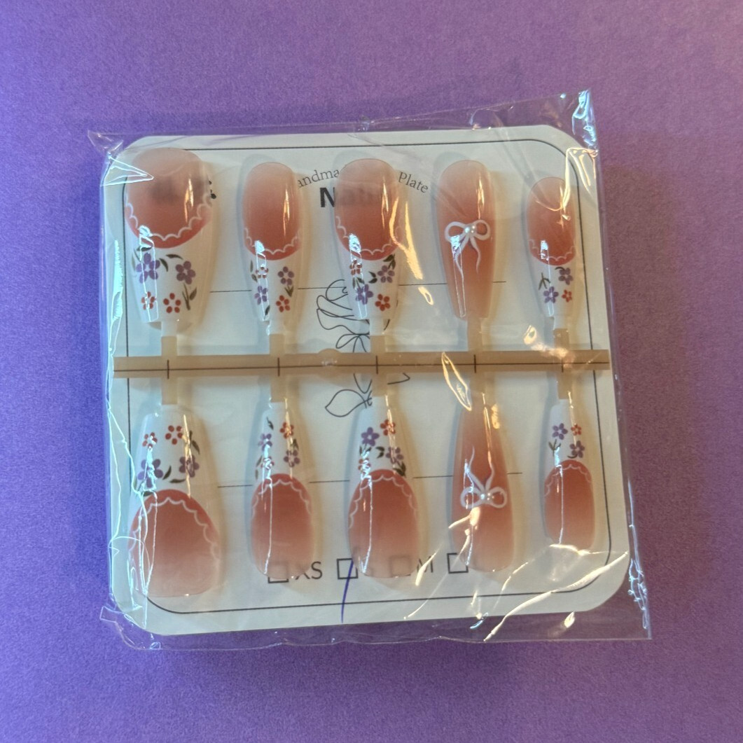 10Pcs Long Coffin False Press on Nails Blush Lace French Flower Fake Nails