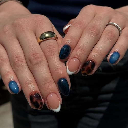 Oval Press on Nails Short Fall Fake Nails Blue Ombre, Brown Amber 92-04Blue
