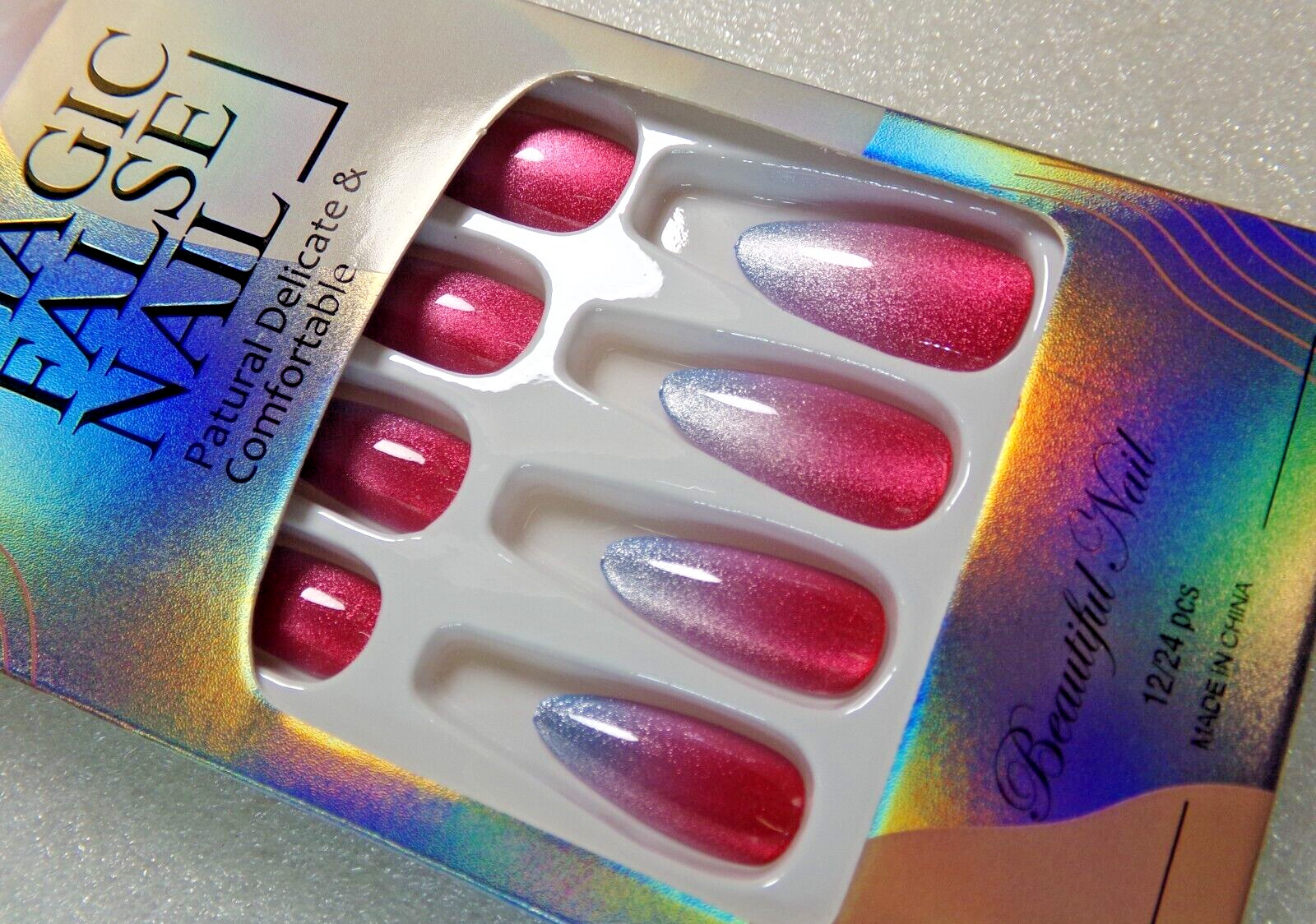 Pretty Secrets Iridescent Red & Blue Ombre Glue on Nail Long Almond Magnetic