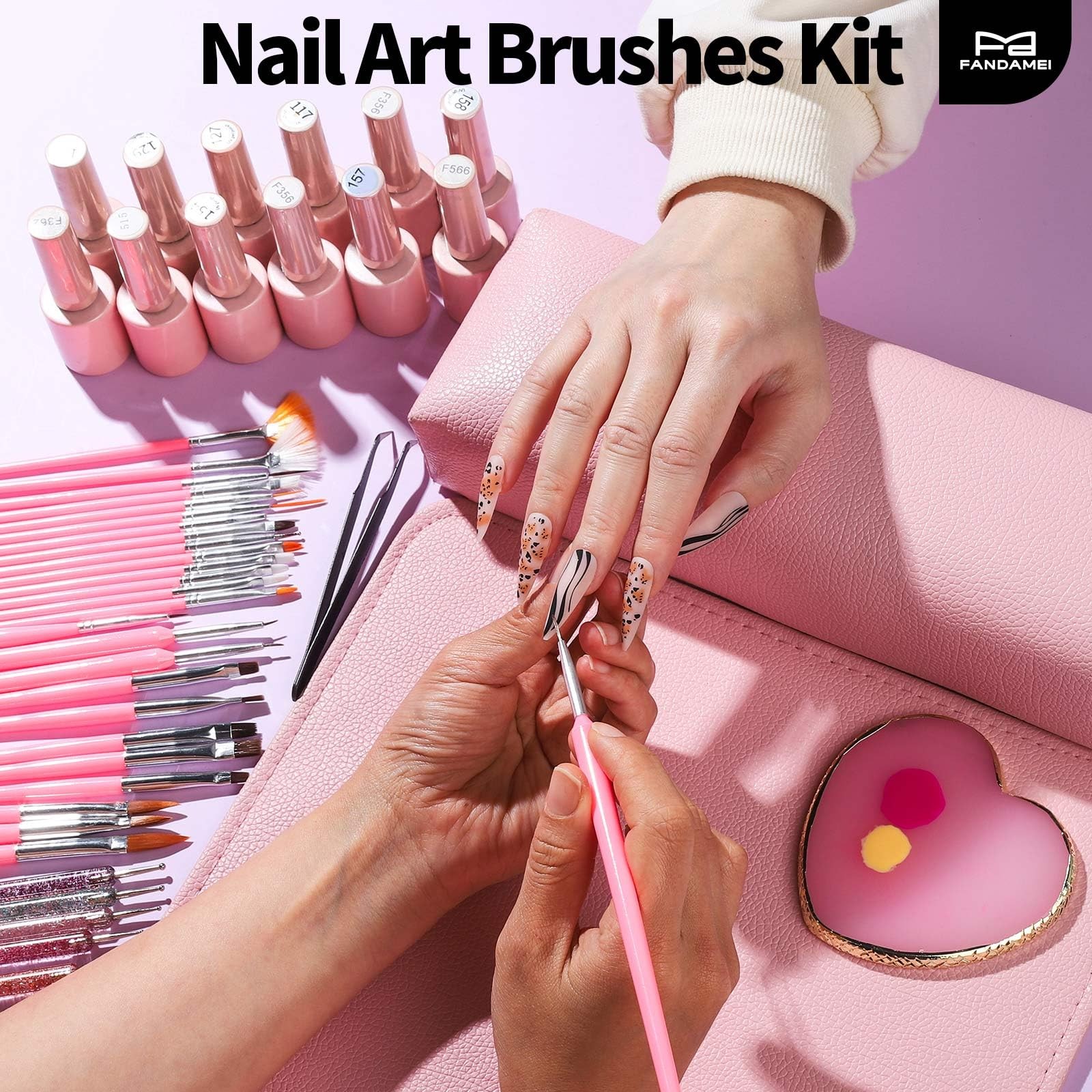 FANDAMEI 33pcs Nail Art Tools, Design Brushes, Pink