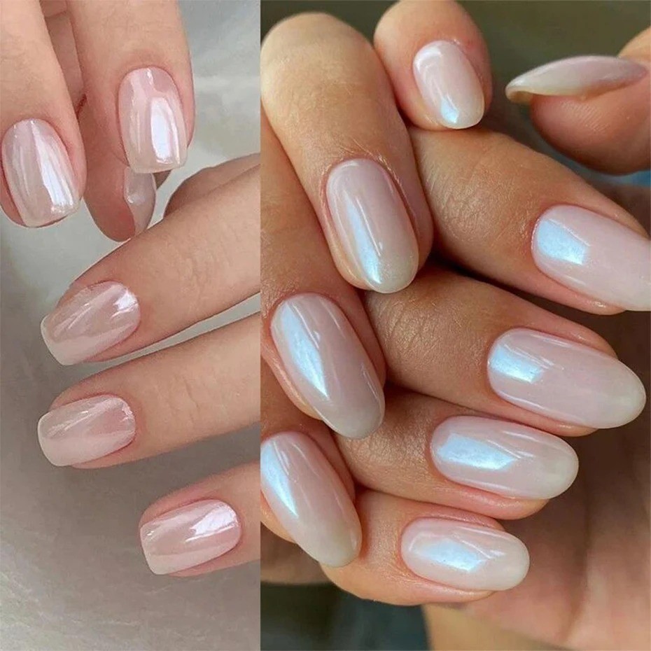 Moonlight Pearl White Nails | Glitter Dust Chrome Aurora Shell Pigment Nail Art