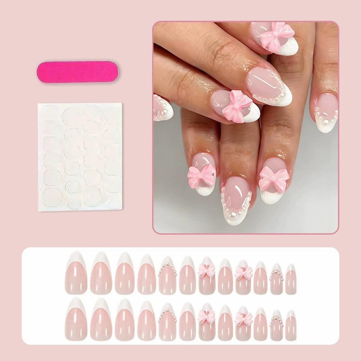 Short Almond Press on Nail with Pink Bow Charm White French Tip Press on Nail…