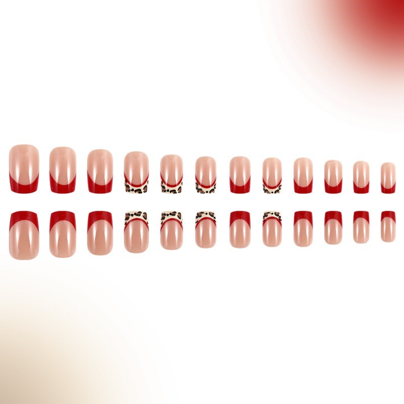 48Pcs-Classic Red French Fake Nails Medium Square Animal Print Gloss Nail Art