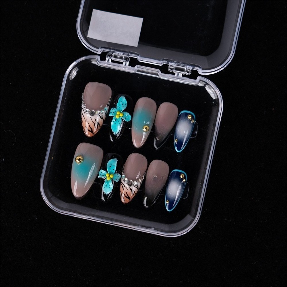 10pcs Handcrafted Blue Ombre Press On Nails Medium Almond Reusable Nails Gift