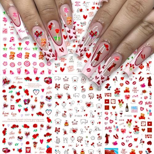 6 Sheets Valentines Nail Stickers, 3D Self-Adhesive Heart Nail Red Heart