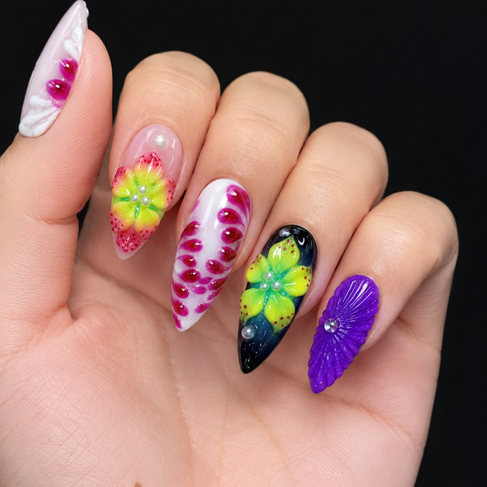 Handmade Colorful 3D Floral Shell Press On Nails Pearl Gem Set