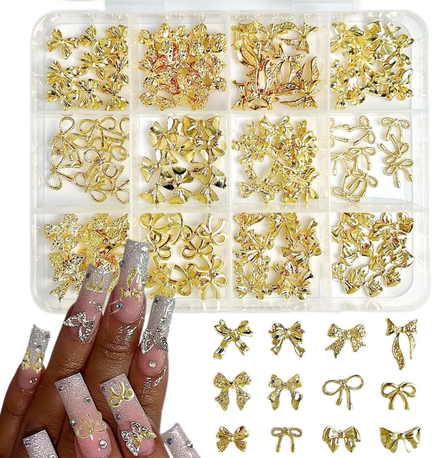 120Pcs Gold Bow Nail Charms, 3D Metal Alloy Bowknot Nail Art Golden Bows Charms