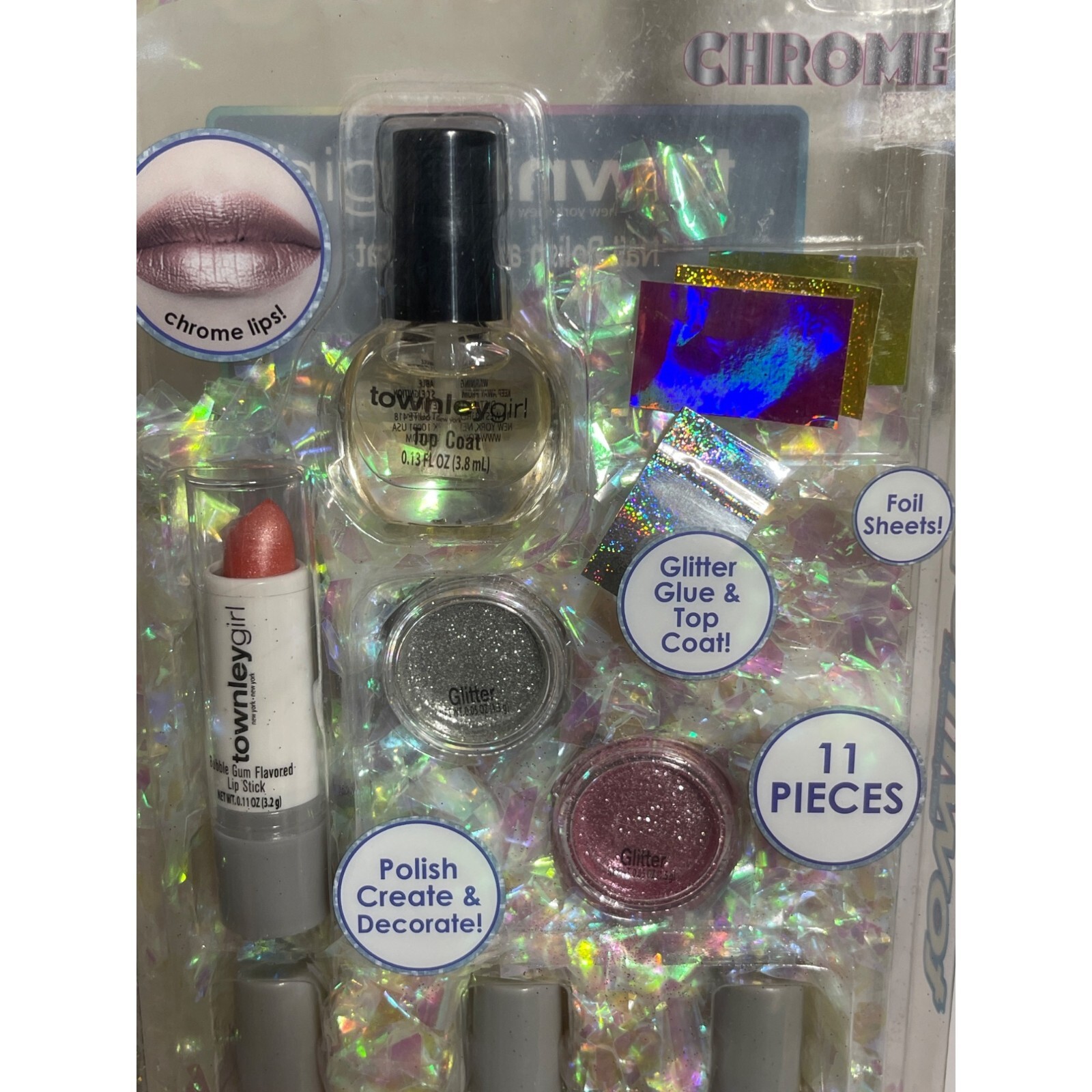 New Townley Girl Chrome Nail Polish Kit New York Glitter Foil Sheets 11 Pieces