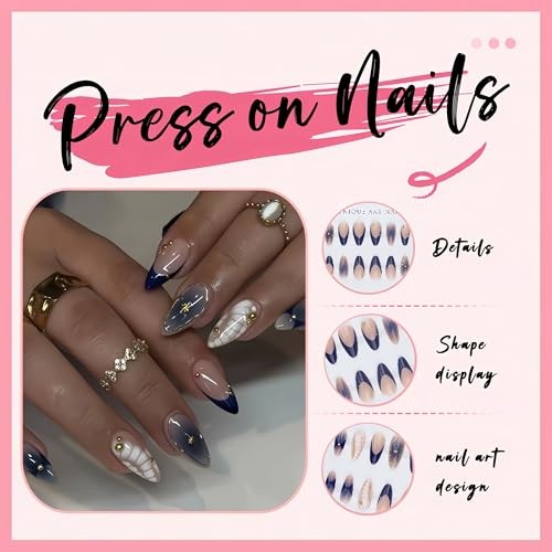 24Pcs Ombre Blue Press on Nails Medium Almond Fake Nails with Rhinestones