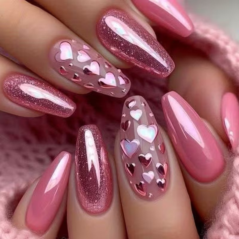 24pcs of Pink Medium Size Ballet Style Press On Nails, Heart Glitter, Valentines
