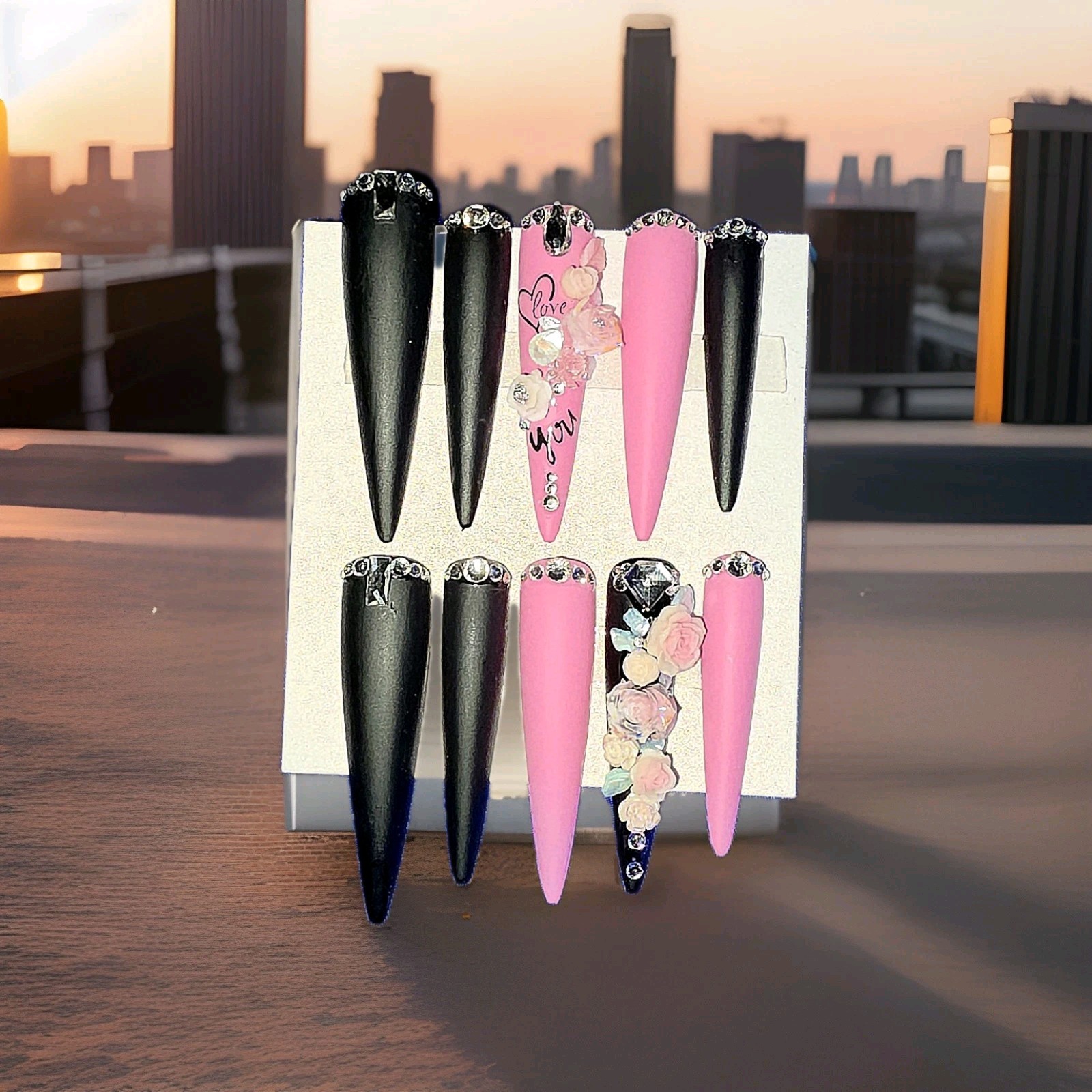3XL Long Press On Nails Almond Shape Junk Acrylic Set Floral 3D Gems Matte Pink