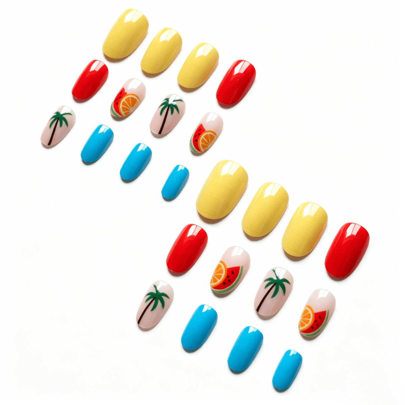 48 Pcs Fruit Palm Tree Print Press on Nails, Medium Almond Summer Fake Nails