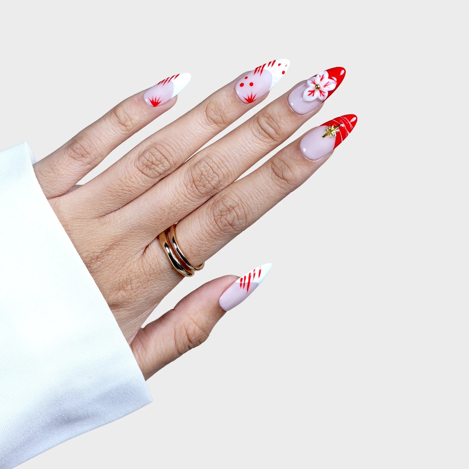 SIYOU Crimson Ink Almond Red, Gold & White Press-On Nails 10pc