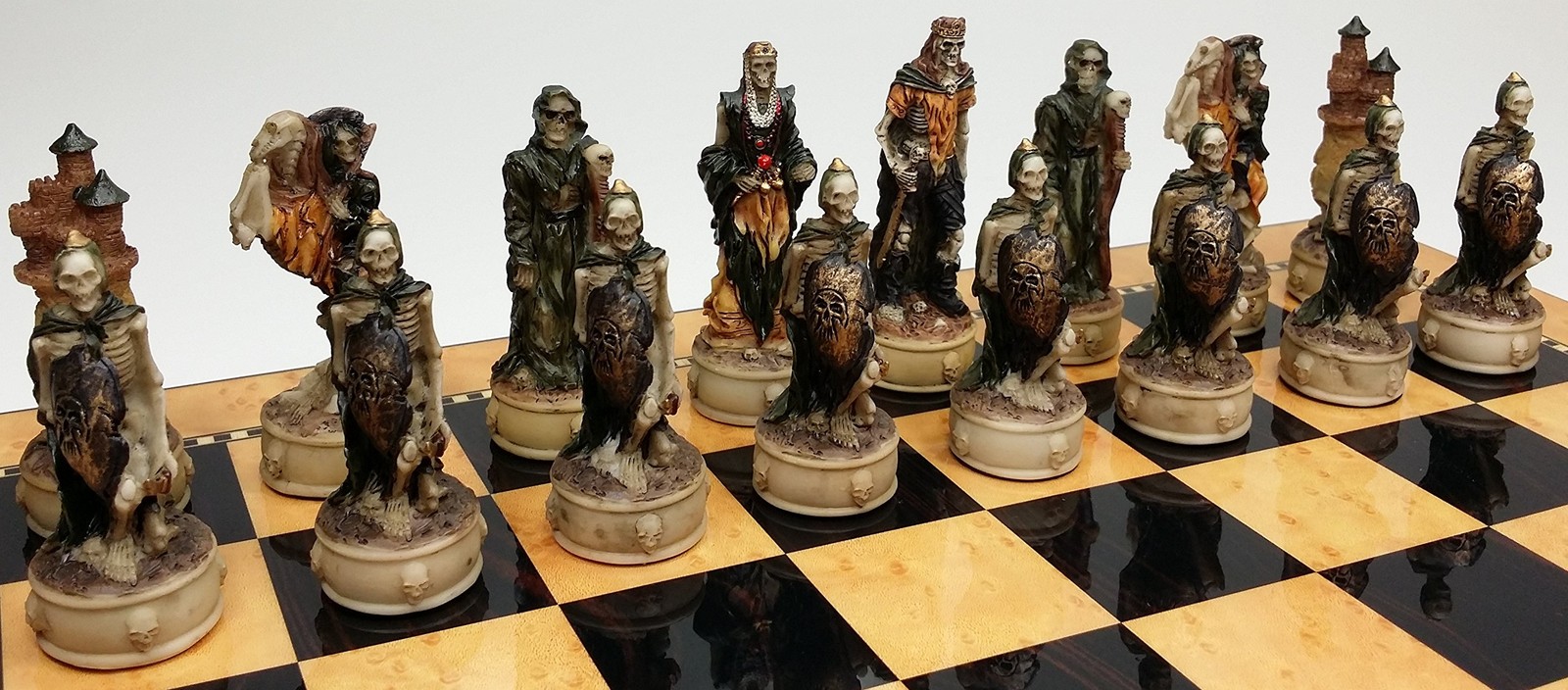 Skeleton Slayer Gothic Skull Chess Set W/High Gloss Dark Walnut & Birdseye…