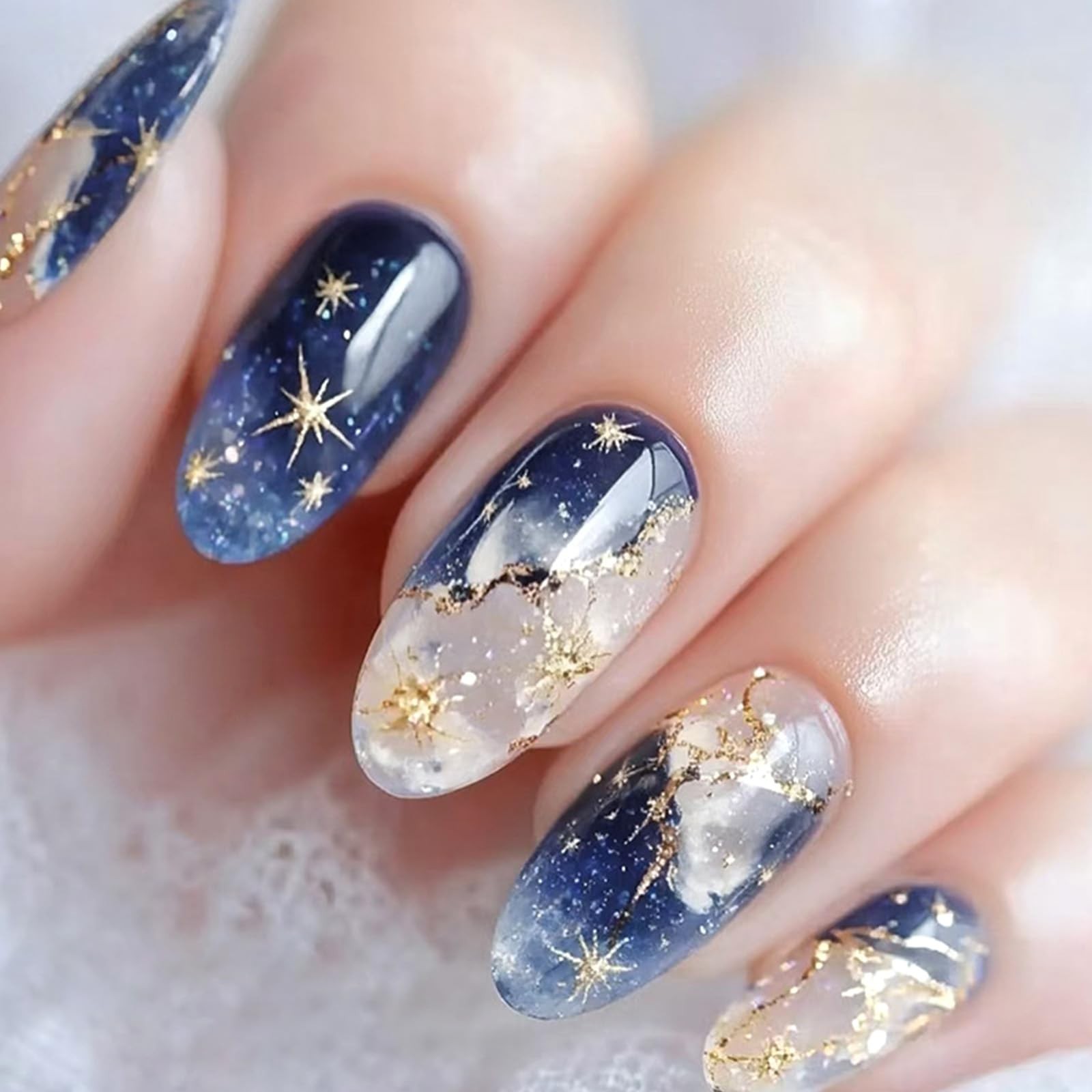 Dark Blue Press on Nails Oval Fake Nails Gold Glitter False Nails Gel Glue on…