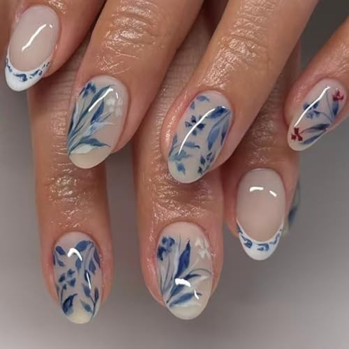 Oval Press on Nails – Blue Porcelain Flower & White French Tip – R-48