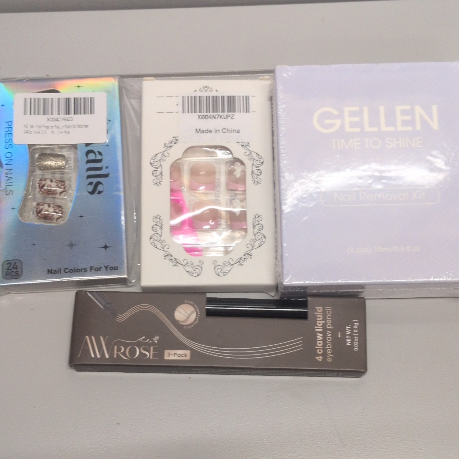 press on nails, nail removal kit, eyebrow pencils