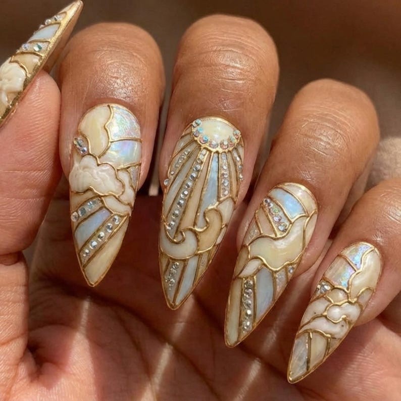Hanmade Bridal Stained Glass Press On Nails 3D Gold Sun, Cloud Art