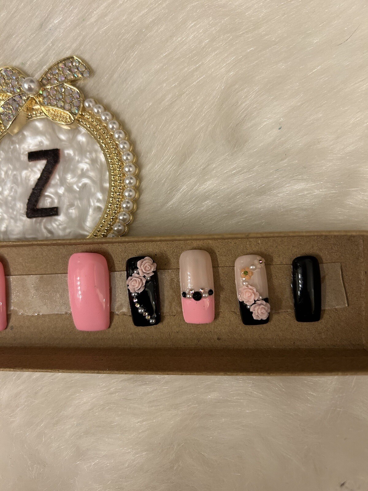 Z NAILZ! Gorgeous Set Of Black/Pink/Beige Handmade Long Square Press On Nails