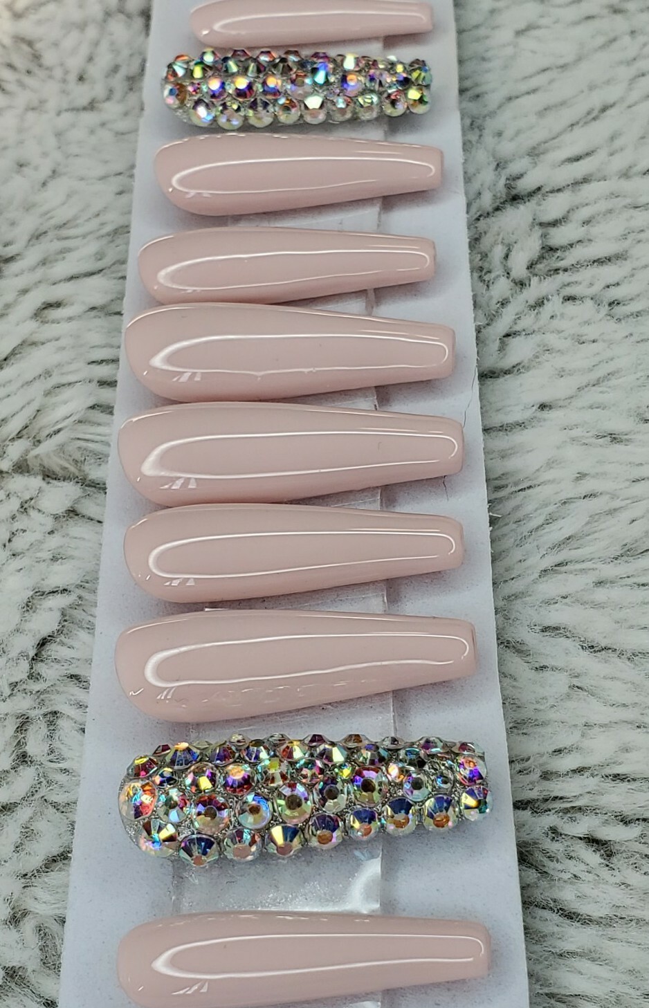 Rosy Nude bling press on nails tan neutral nude peach long tapered ballerina