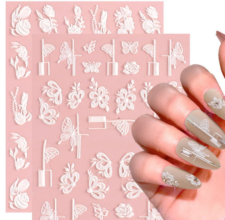 Bridal White 5D Embossed Rose Flowers Butterfly Nail Stickers Adhesive Manicure