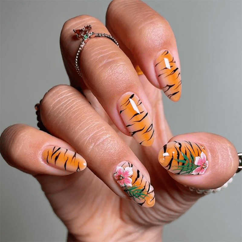 48Pcs-Long Almond Tiger Stripe 3D Pink Flower Fake Press on Nails Set