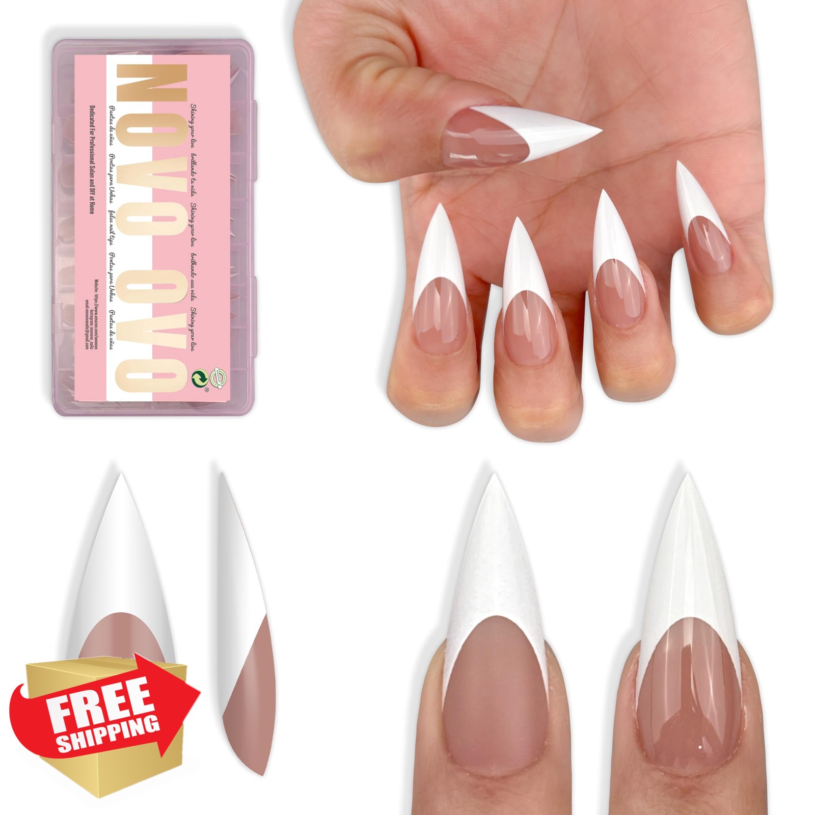NOVO OVO Stiletto Nail Tips – White French Tip Soft Gel 160 Pcs