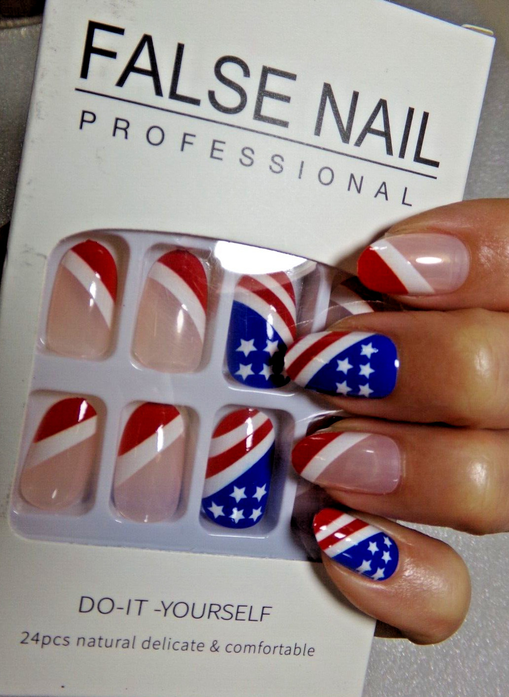 4th of July Nails Shiny American Flag Red White & Blue GLUE ON Short