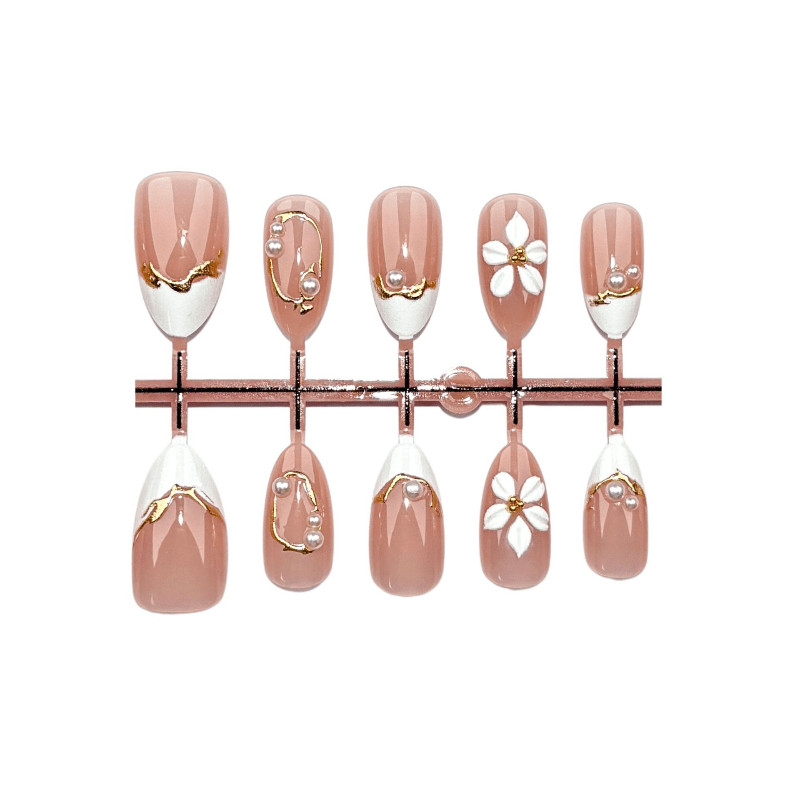 30pcs-Nude White Almond Press on Nails French Tip 3D Flower Pearl Gold Accents