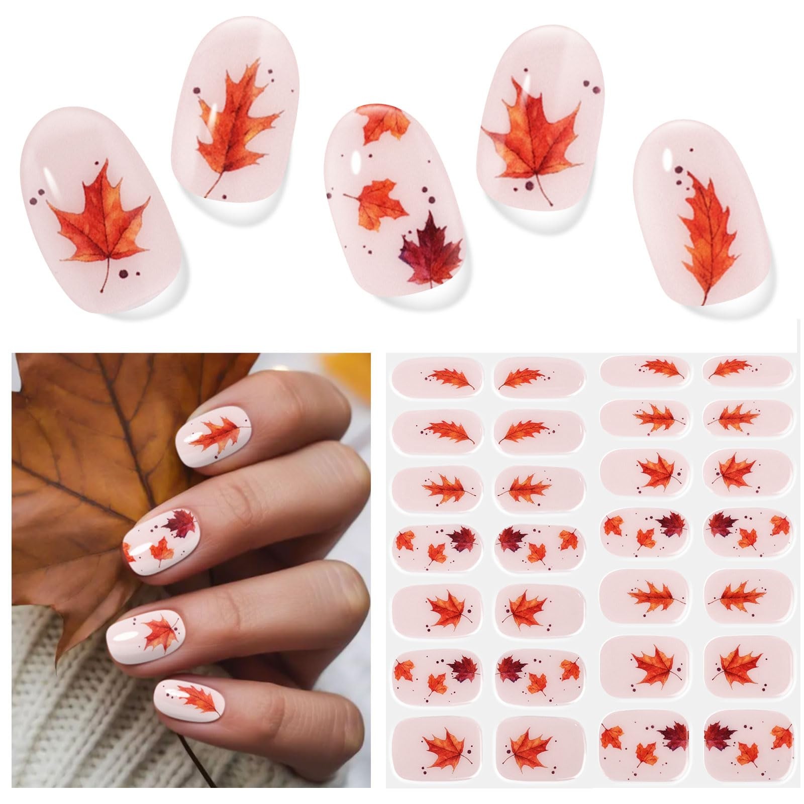 Semi Cured Nail Strips, 28 pcs Nail Polish Strips Autumn Work with Any UV Lam.