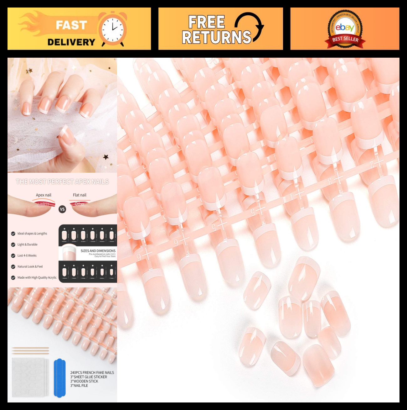 240 Pcs Natural French Short Press-On Acrylic Nails – 12 Sizes Full Cover Set