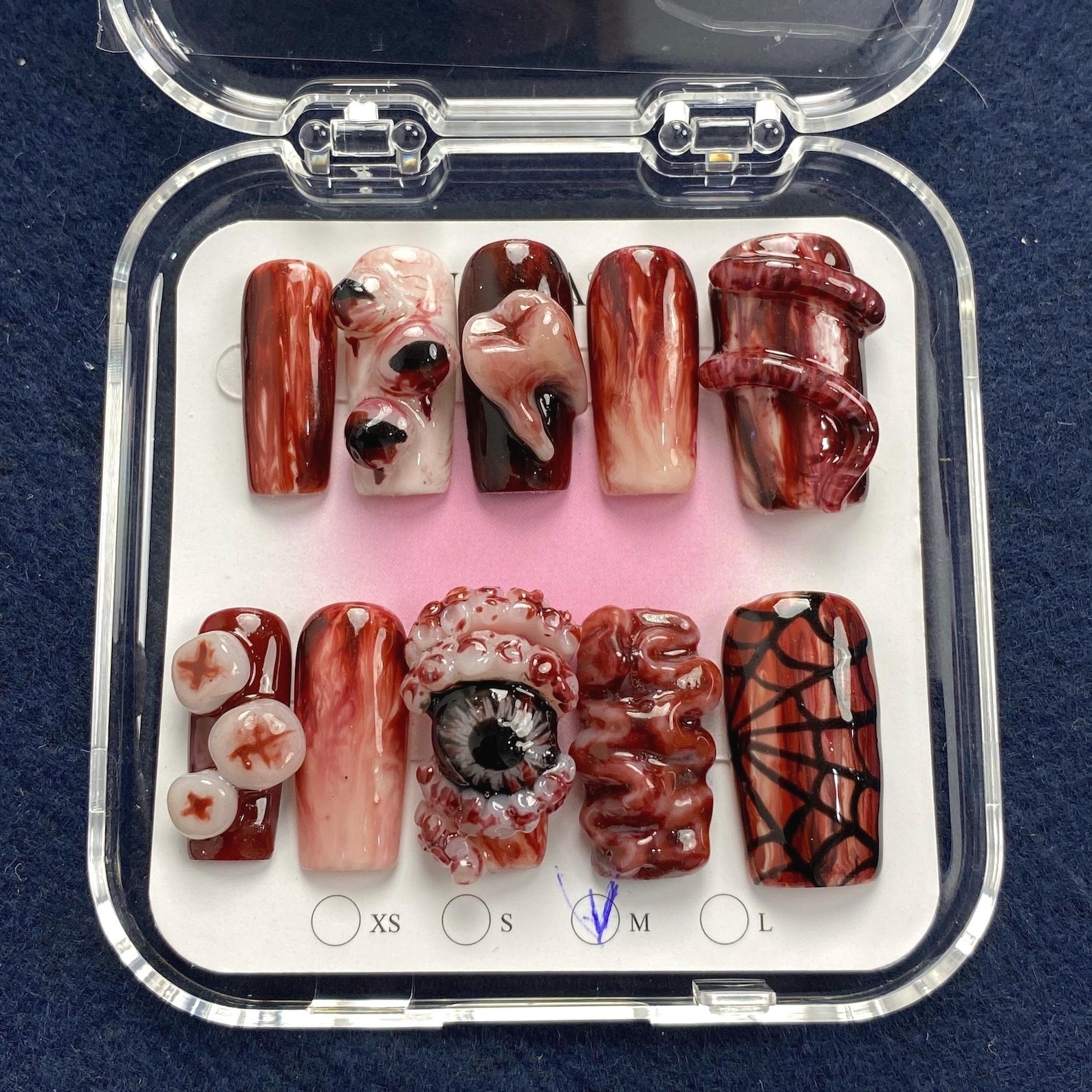 Custom Handmade Horror Bloody Halloween Eyeball Tooth Worm Square Press on Nails