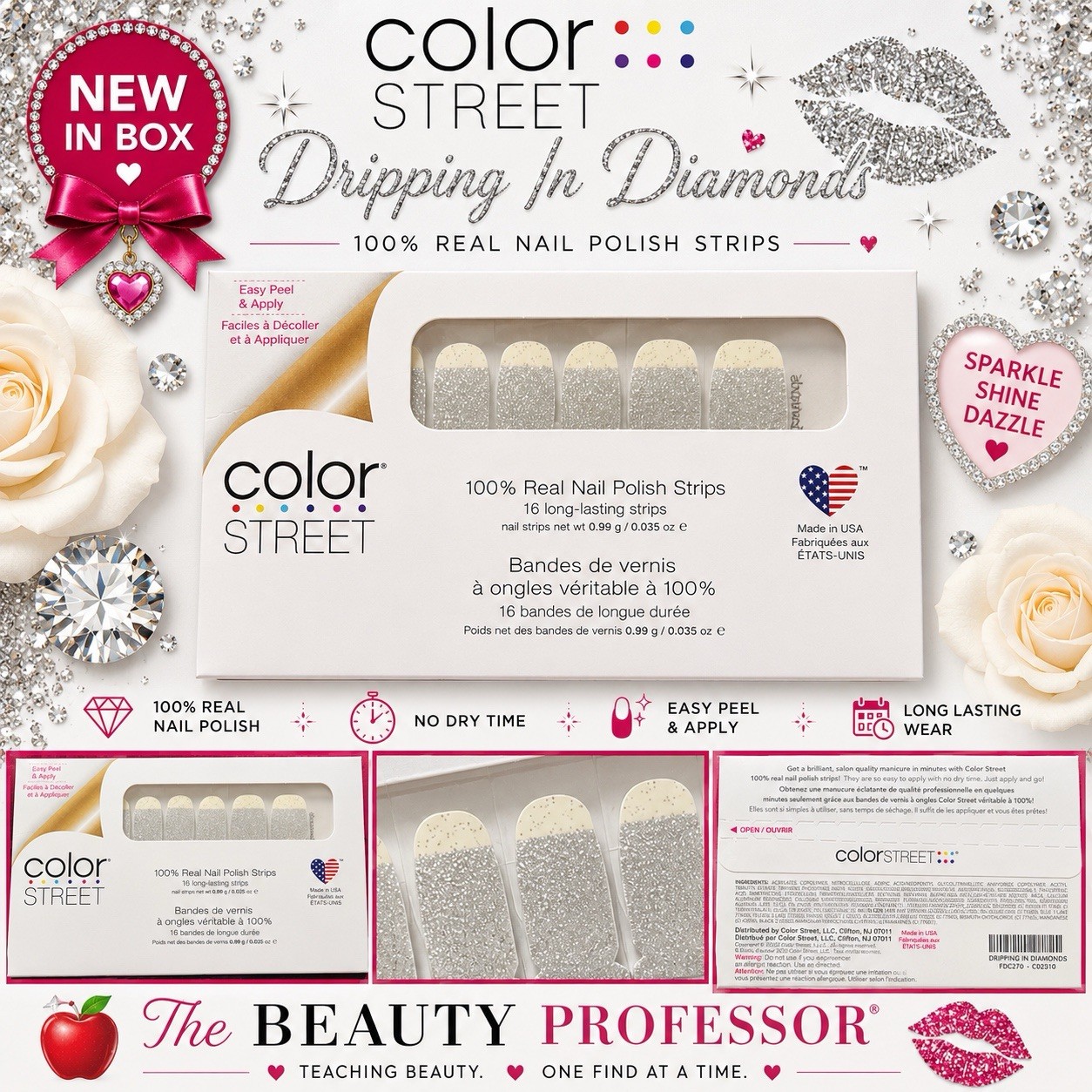 ✨ Color Street Dripping In Diamonds Nail Polish Strips Silver Glitter NEW