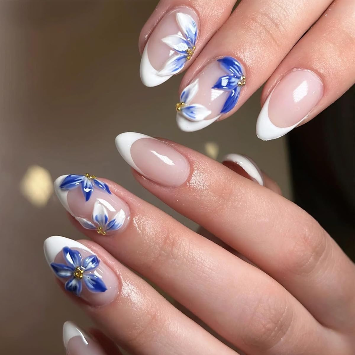 24Pcs White French Tip Press on Nails Short Almond Fake Nails with 3D Gold Beads