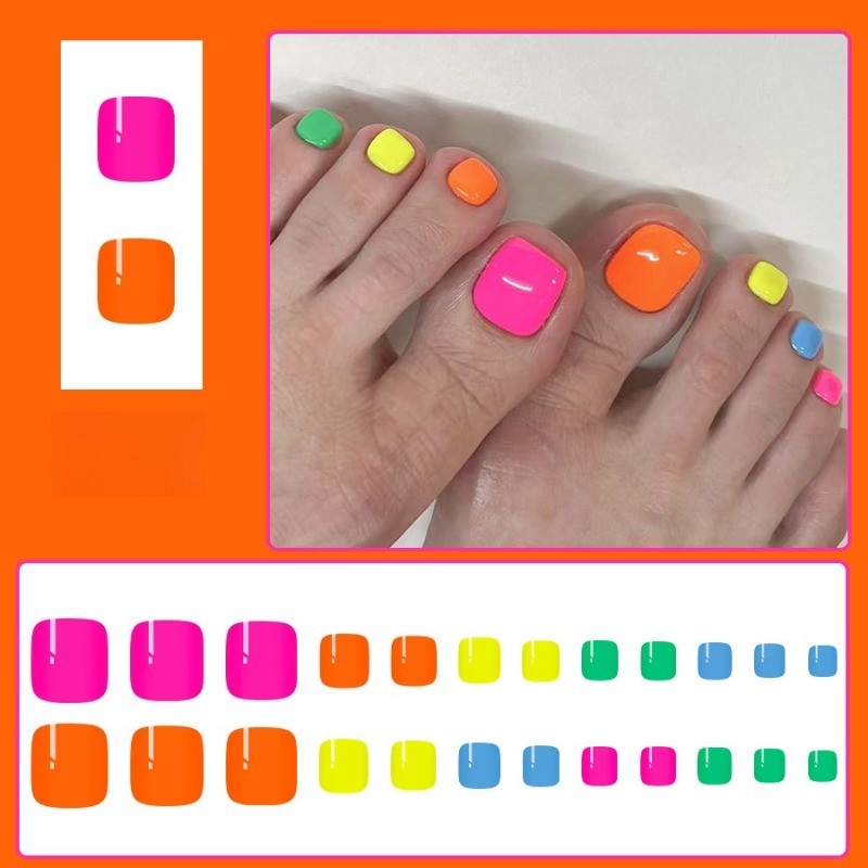 48pcs-Bright Multicolor Fake Toenails, Glossy Rainbow Press on Tips for Summer
