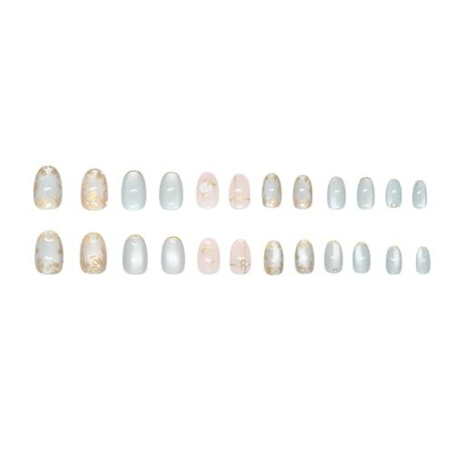 24Pcs Short Almond Press on Nails Gold Flower Fake 3D Blue Gilding Pearl-20