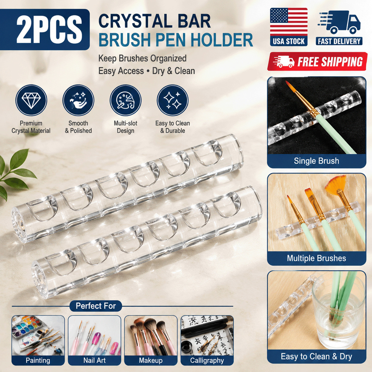 2PCS Acrylic Nail Gell Nail Makeup Brush Holder Painting Brush Pen Stand Holder