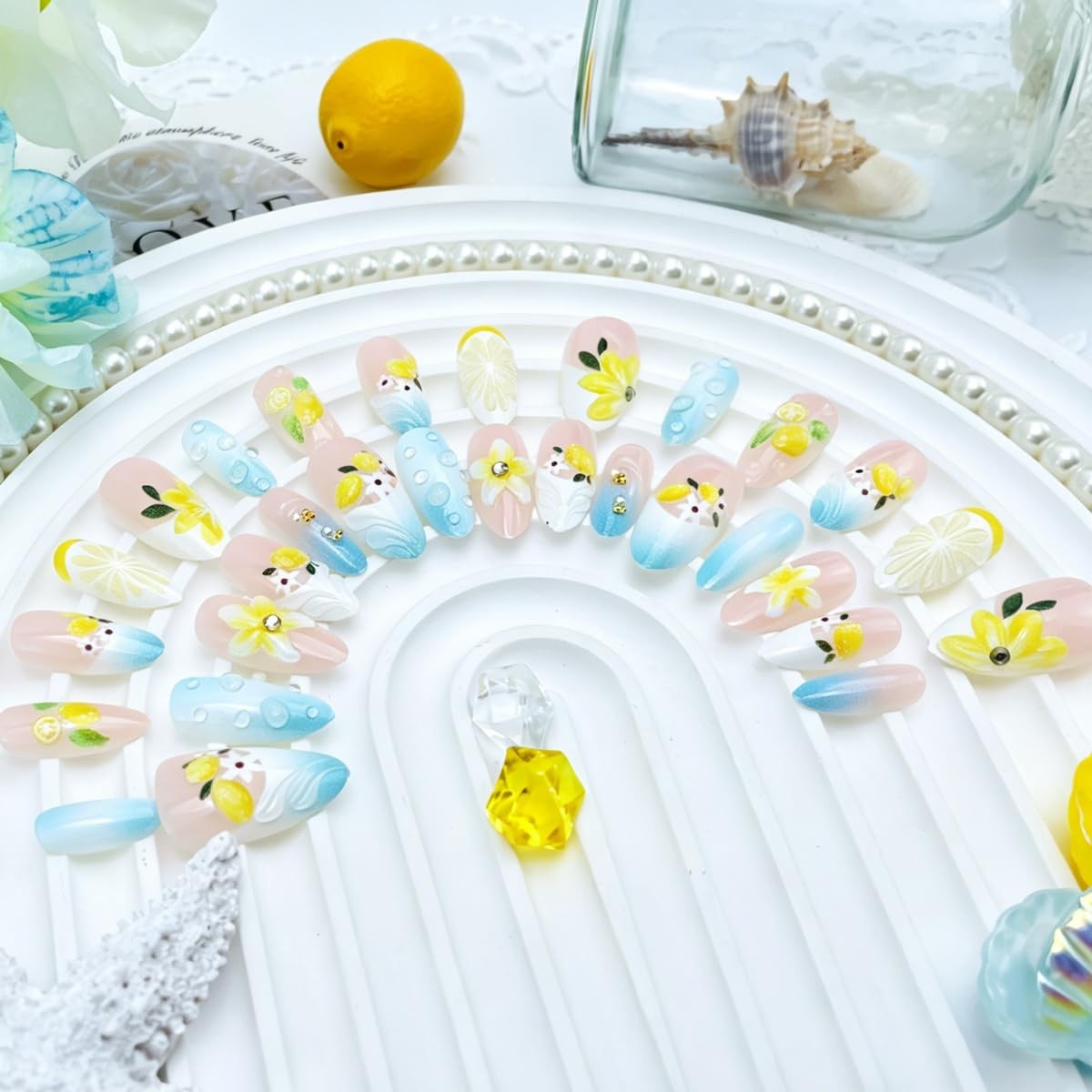 BUNLVDI Lemon Flower Nails Medium Almond 30Pcs