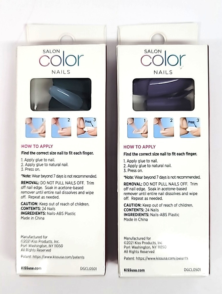 Set Of 2 Kiss Color Nails Matte Teal Green & Glossy Purple Long Length Glue On