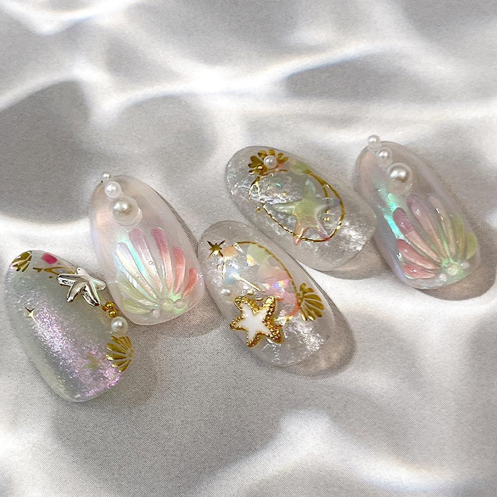 Shiny Golden Jellyfish Starfish Seashell Sea Beach Summer Nail Stickers Cute Bow