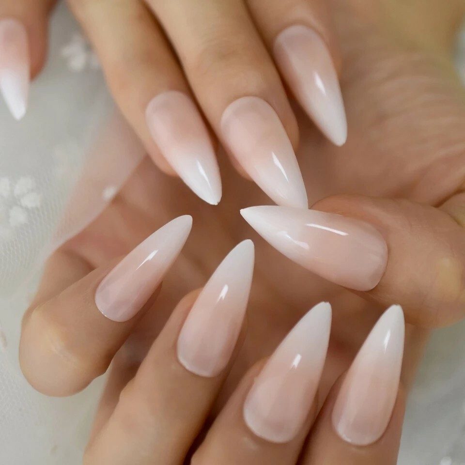 Ombre French Tip Press On Nails Stiletto White Nude Baby boomer pointed classic