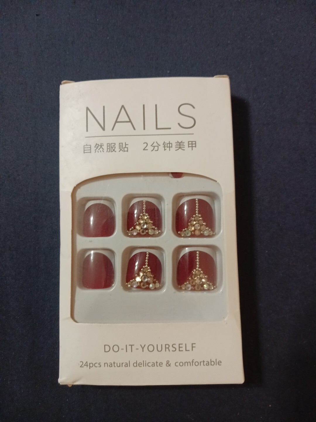 New Press On Toe Nails 24pc Set French Tips Dark Red And Rhinestones On Box