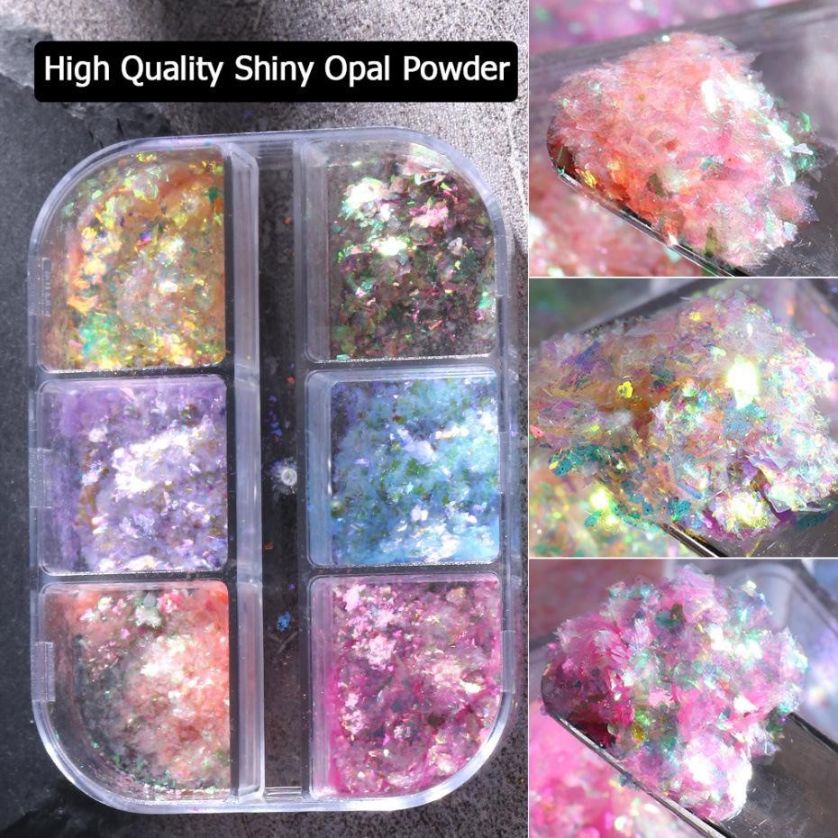 6 Grid Nail Glitter Sequins Set with Aurora Powder & Iridescent Opal for Nails