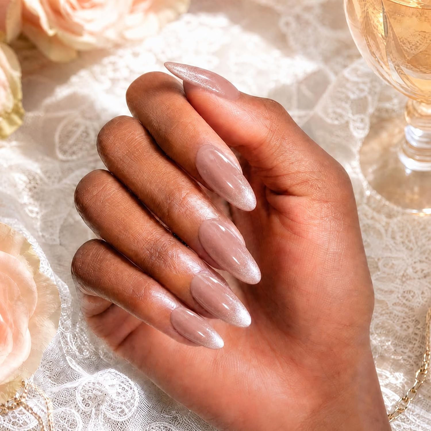 VSALON Cat Eye Press On Nails, Medium Almond, Pink Shimmer, Reusable