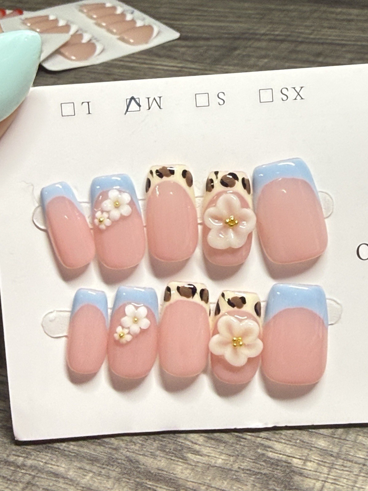 Handmade Acrylic Medium Square Pink Blue 3D Flower Animal Print Press-On Nails