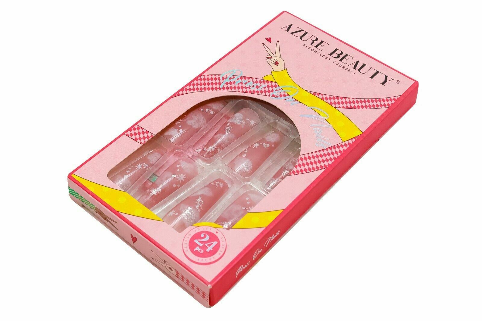 Azure Beauty 24 Piece Adhesive ABS Plastic Press On Nails Pink Clouds Stars
