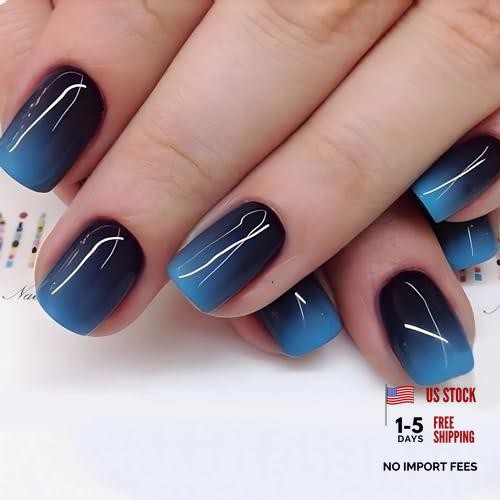 Square Press on Nails Short Fake Nails Ombre Black French Tip 01206b BlackBlue