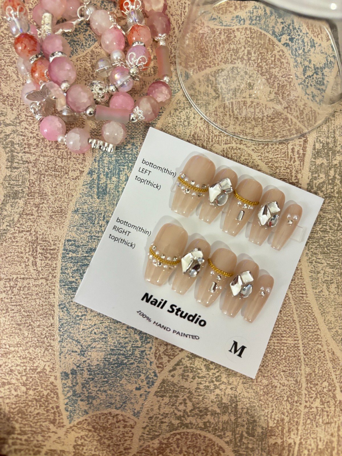 Luxury Nude Press-On Nails – Long Coffin with 3D Bows, Rhinestones & Gold Chains