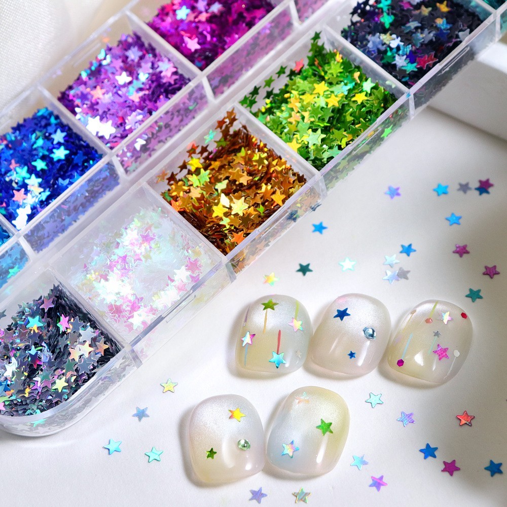 12 Grids Laser Five-Pointed Star Nail Art Glitter Sequins Flakes for DIY Nails