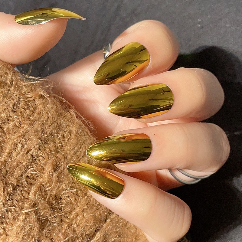 48Pcs-Metallic Gold Chrome Press on Nails Glossy Long Almond Nail Art Set